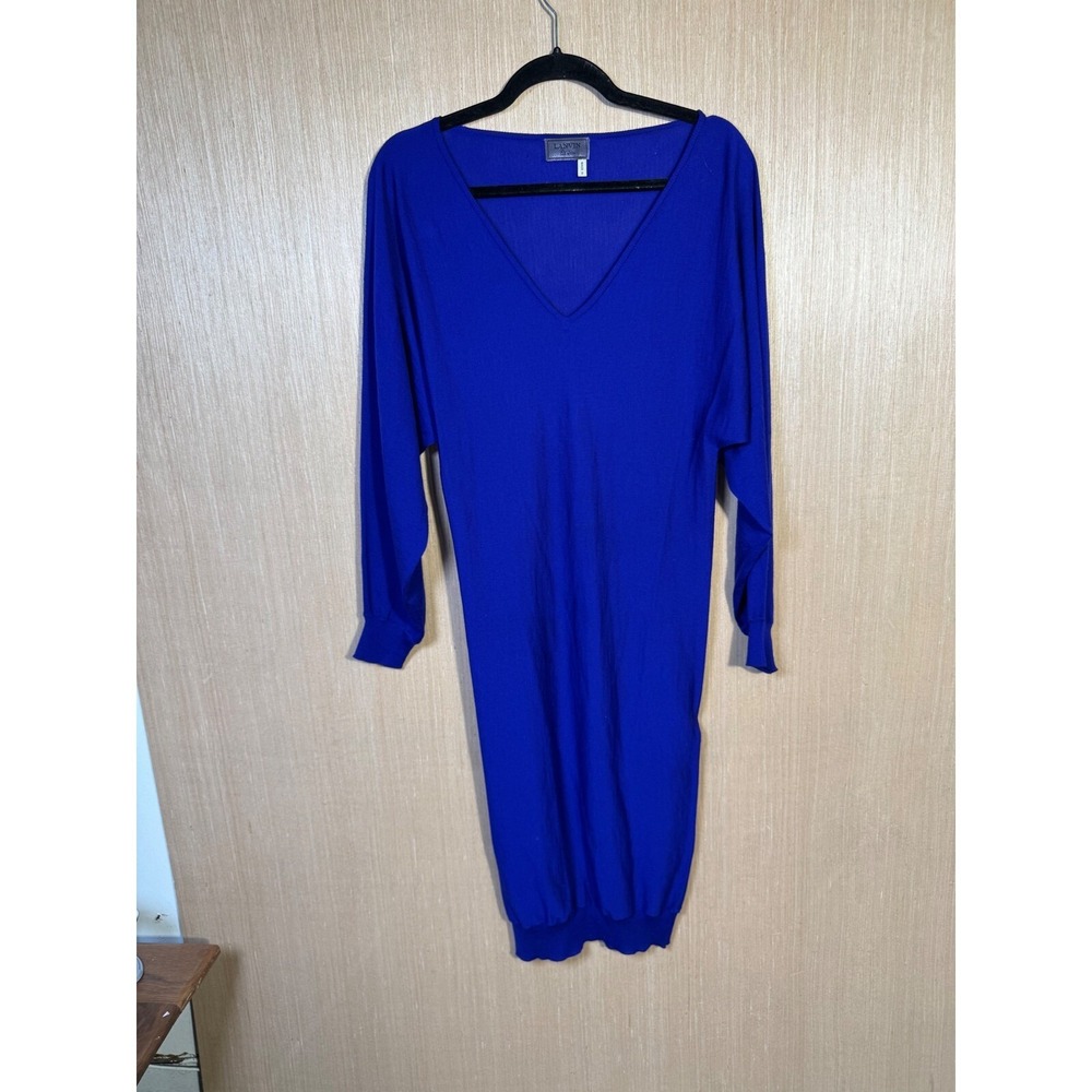 LANVIN Wool Knit Dress Cobalt Blue Long Sleeve V Neck Midi Made in Italy - Picture 1 of 9